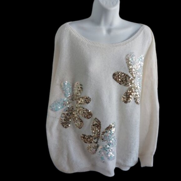 Soft Sweater with Sparkly Sequined Flowers Size 1XL - Picture 1 of 5